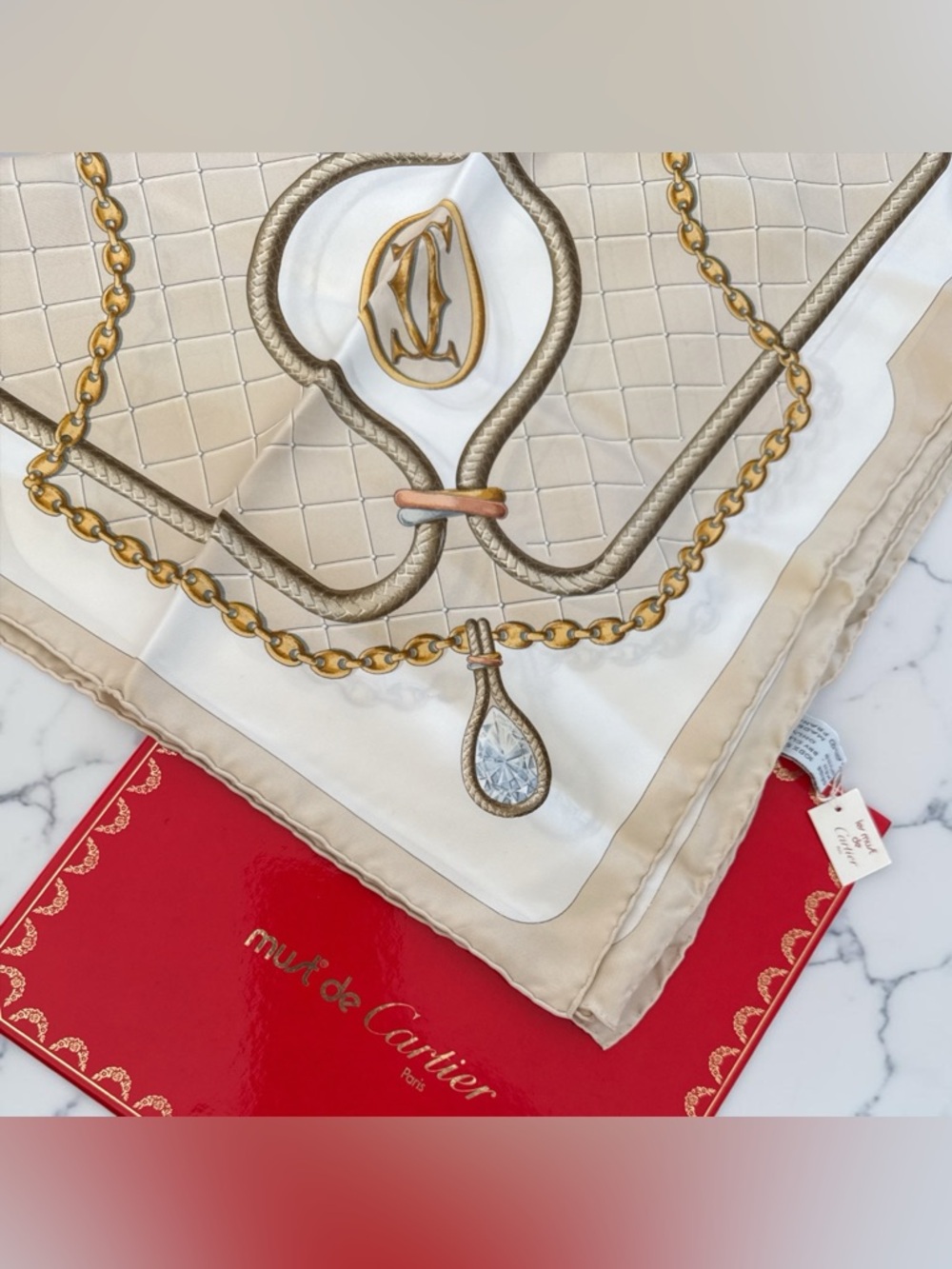 Must De Cartier Paris Silk Scarf -Lanieres Straps & Chain Pattern.